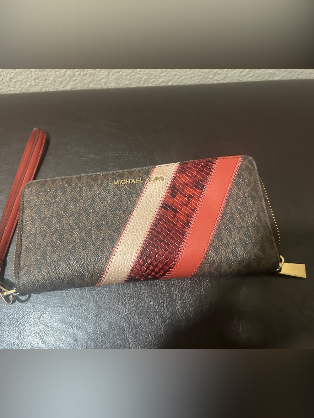 Michael Kors Brown Wallet with Red and Cream Diagonal Stripes